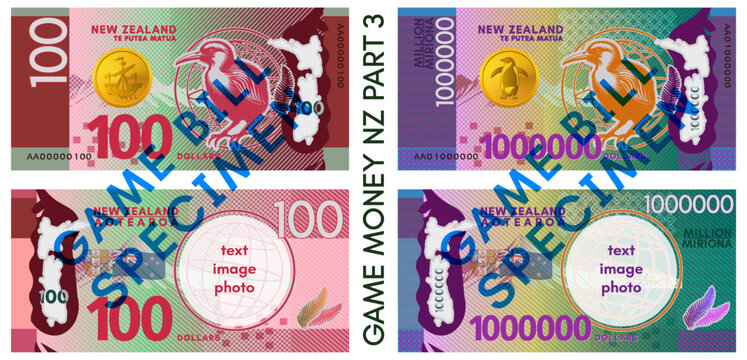 Vector set of fictitious game banknotes. Obverse and reverse. 100, 1000000 dollars New Zealand notes. Graphic kiwi bird, mountain, flag, gold coin, ship penguin. Empty circle. Aotearoa. Part 3
