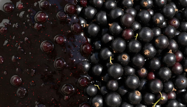 Glossy texture of blackcurrant jam with fresh fruit. currant background. currant jam. currant marmalade. berry background. sweet jam. currant and jam texture.