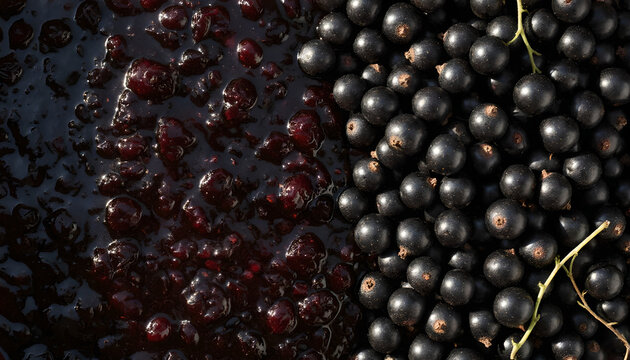 Fresh blackcurrant berries and homemade jam texture. currant background. currant jam. currant marmalade. berry background. sweet jam. currant and jam texture.