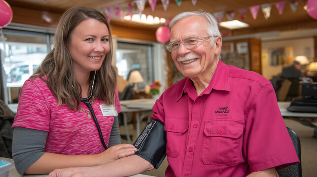 Volunteer nurse fastening a blood pressure cuff on an elderly man's arm at a folding table inside a bright community hall, spring banners overhead, perfect for health screening eve