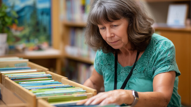 Retired teacher arranging picture books by color on low wooden shelves in a sunlit children's library corner, hand-painted story mural visible behind her, ideal for library volunte