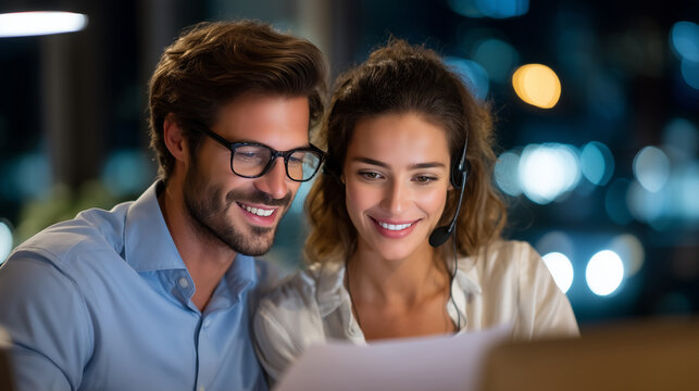 Couple sitting side by side at a crisis helpline training table, one reading a printed call script while the other listens through a headset, soft evening light through office blin