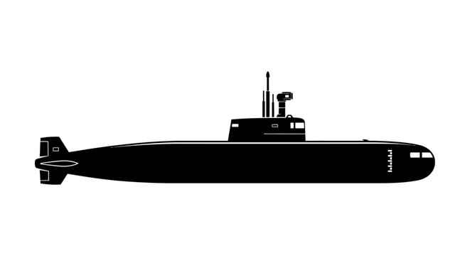 Military submarine silhouette isolated on white background, side view vector illustration.