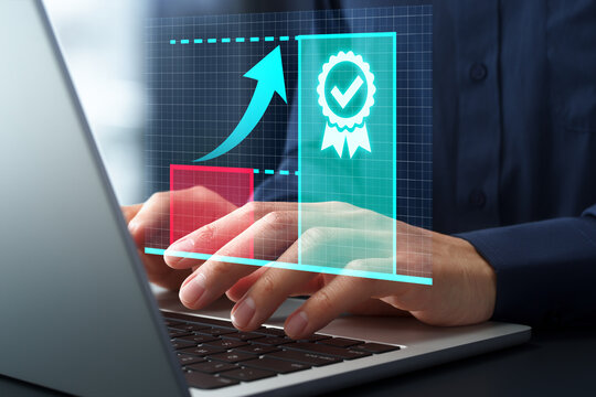 Improve work quality and performance. Technologies for efficient business growth. Businessman using laptop computer and growth graph.