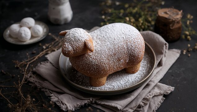 Osterlamm cake shaped like a lamb and dusted with powdered sugar, presented with a soft texture and traditional Easter baking style