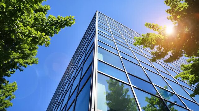 Modern glass office building with green trees and a sunny blue sky. Sustainable architecture and eco-friendly business concept. Corporate building exterior with sun flare