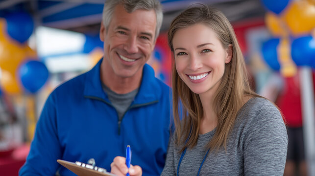 Cholesterol screening nurse writing results on a clipboard while a middle-aged man sits beside her at a community health fair booth, balloons tied to tent poles in background, idea