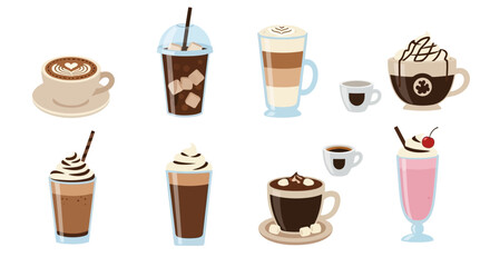 Obraz premium Detailed Vector Illustration Set of Different Coffee Types and Cold Beverages Including Espresso Latte Art Cappuccino Iced Coffee Mocha Hot Chocolate and Frappe