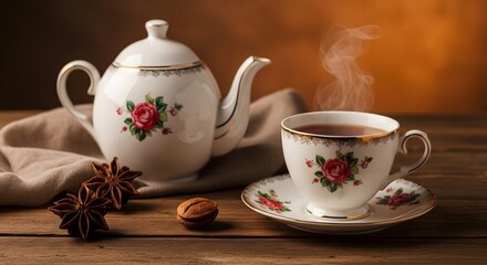 Fototapeta premium Elegant porcelain teapot and floral tea cup with steam on rustic wooden table with star anise spices art.