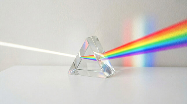 Glass prism splitting white light beam into rainbow colors
