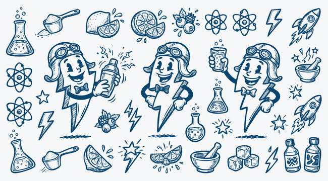 Vintage 1930s Rubber Hose Style Lightning Bolt Mascot and Energy Drink Cocktail Mix Doodle Set