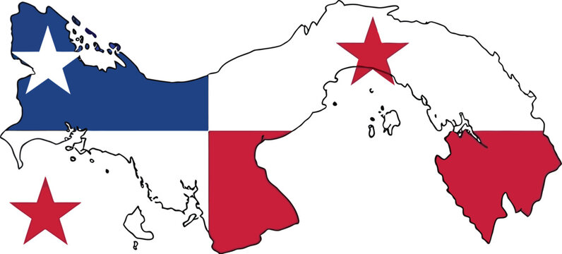 Panama map outline filled with national flag colors and stars, central america