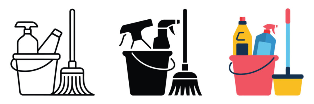 Cleaning service multiple style icon set collection, modern icon pack representing janitorial work, hygiene, and home cleaning services