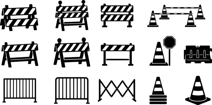 Collection of various roadblock and traffic cone icons in black and white, depicting construction barriers and warning signs.