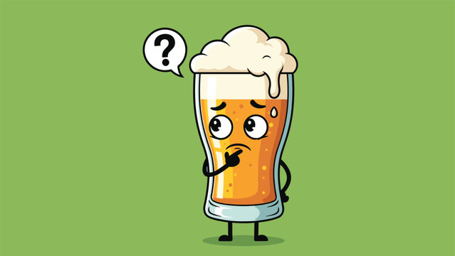 Glass of beer character looking puzzled with a question mark above its head on a green background for entertainment concepts.