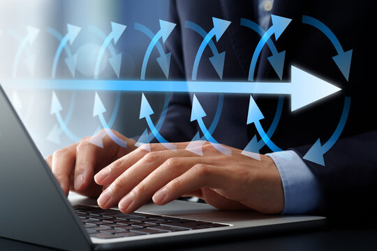 Agile strategy and continuous improvement in business processes. Cycles and workflows for optimizing performance and efficiency. Businessman using laptop computer.