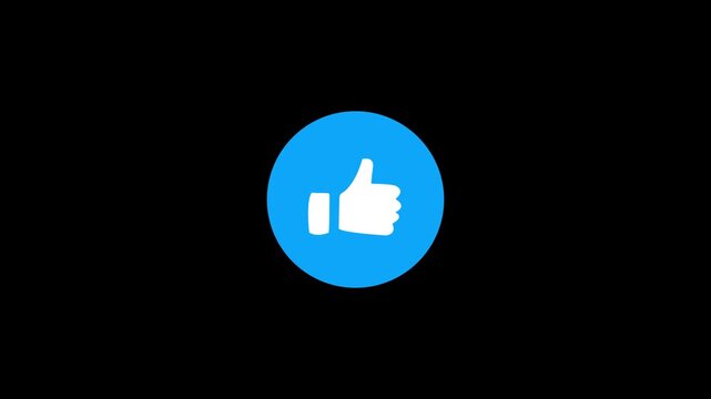 Blue circular social media like button animation with a white thumbs up icon appearing in the center on a black background, digital reaction and appreciation symbol for video content.