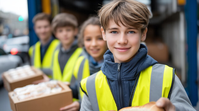 Teenage volunteers forming a human chain to unload donated bread loaves from a catering van into a food bank loading dock, motion blur on passing cars beyond the open dock gate, pe
