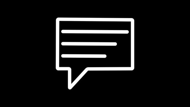 White line animation of a chat message bubble icon with typing lines appearing inside on a black background, flat design communication symbol for social media and business messaging apps.