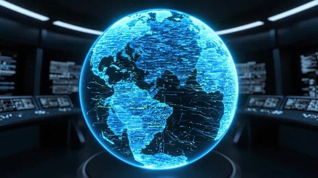 Glowing blue digital earth map displayed in a futuristic control room interior with screens
