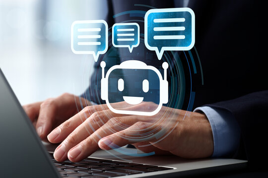 AI chat assistant. Conversational AI and automated information support. Businessman using intelligent enterprise tools on laptop computer.