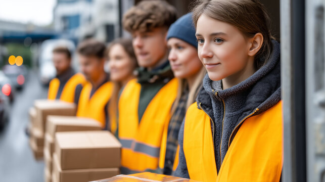 Teenage volunteers forming a human chain to unload donated bread loaves from a catering van into a food bank loading dock, motion blur on passing cars beyond the open dock gate, pe