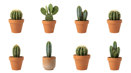 Fototapeta premium Minimalist cactus collection in terracotta pots, set of 8 diverse succulent house plants, green desert cacti isolated on white background