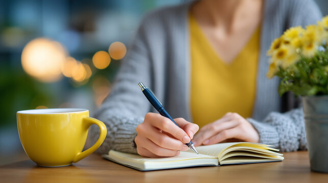 Crisis counselor volunteer writing reflective notes by hand in a journal between call shifts, mug of chamomile tea beside a softly glowing desk lamp, quiet office, ideal for emotio
