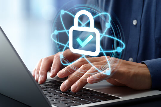 Post-quantum cryptography PQC. Secure data encryption and cyber security technology. Businessman using laptop computer with next-generation security solutions.
