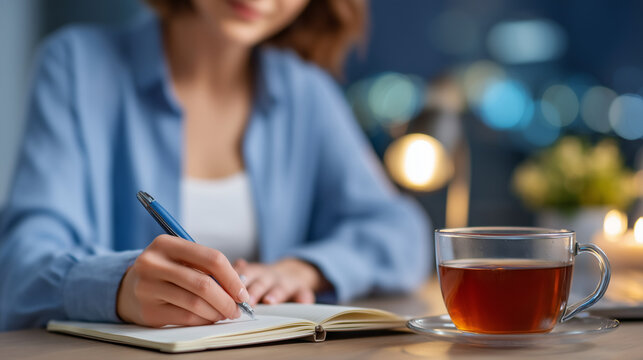 Crisis counselor volunteer writing reflective notes by hand in a journal between call shifts, mug of chamomile tea beside a softly glowing desk lamp, quiet office, ideal for emotio