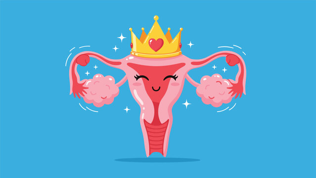 Happy uterus character wearing a golden crown surrounded by sparkles represents reproductive health and female empowerment.