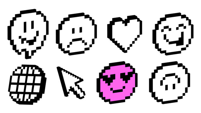Minimal pixel emoji icon set in retro 8-bit style Emotions and interface elements on white background. UI stickers for messaging, reactions, interfaces, modern digital products. Vector illustration