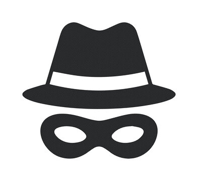 Incognito hacker icon in black and white, mysterious spy character with fedora hat and mask, digital privacy and cyber security vector illustration