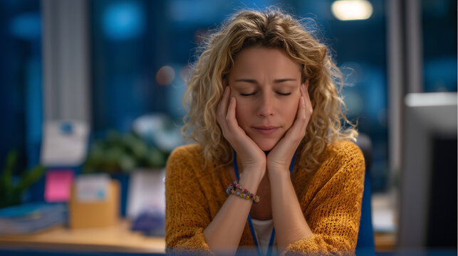 Crisis hotline volunteer pressing her forehead gently against her interlaced hands during a quiet moment at her desk, blue hour light through a narrow window, a single affirmation