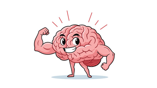 Happy human brain character flexing its muscular arms illustrates mental strength and the power of intelligence and learning.