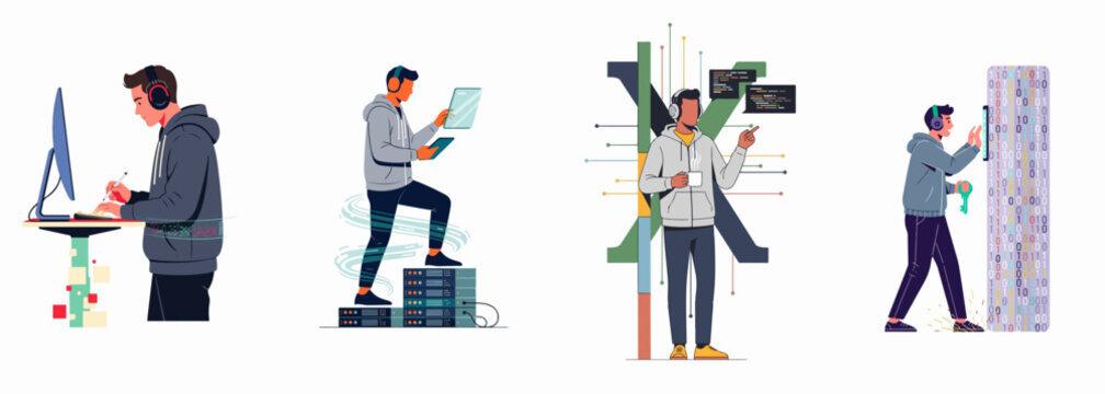 Collection of four character illustrations representing software developers, programmers, and IT professionals engaged in various technical and coding tasks.