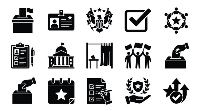 A collection of 15 black and white icons representing various aspects of voting and elections, including ballot boxes, polling stations, and symbols of democracy.
