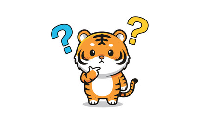 Fototapeta premium Adorable cartoon tiger character looking confused and thoughtful with blue and yellow question marks floating above its striped head.
