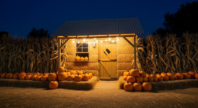 Pumpkin patch stand with illuminated wooden shed at dusk autumn harvest display high quality professional detailed