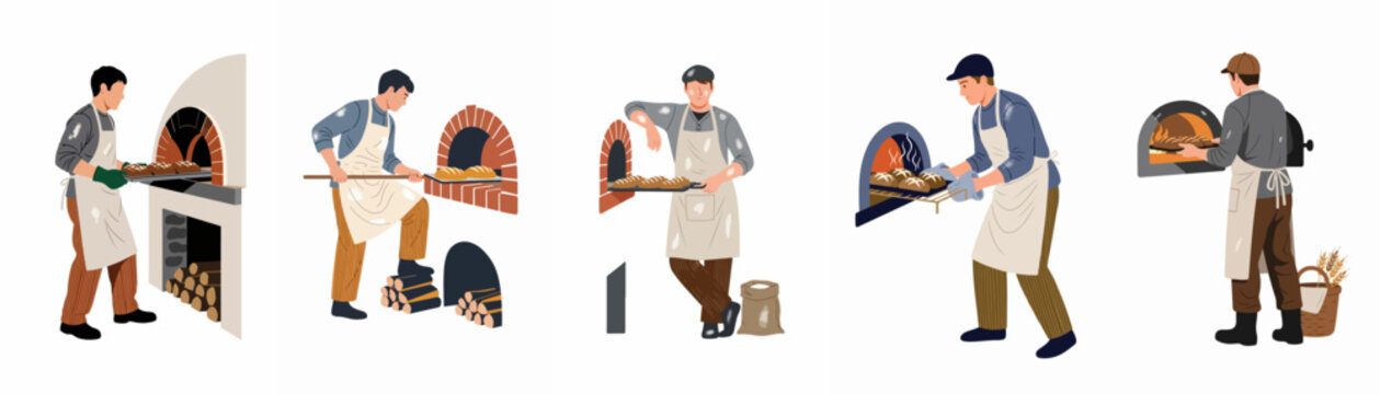 Collection of illustrations showing bakers preparing artisan bread in traditional wood-fired brick and stone ovens on a white background.