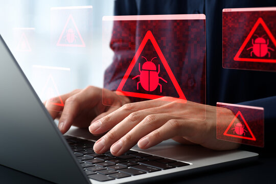 Software bugs and security vulnerabilities. System security threats and operational risks. Application errors. Businessman using laptop computer.