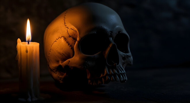 Human skull and burning candle in a dark dramatic still life composition high quality professional detailed