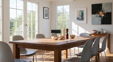 Fototapeta premium A bright dining room with a long table, chairs, and natural light