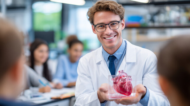 A bioprinting technician in a university spin-off lab presents a transparent organ scaffold model to a group of visiting medical students gathered in a circle under bright overhead