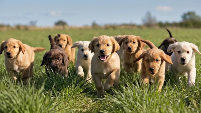Group of Golden Retriever and Labrador puppies running in a green field. Playful young dogs bounding through grass on a sunny day. Active pets outdoors