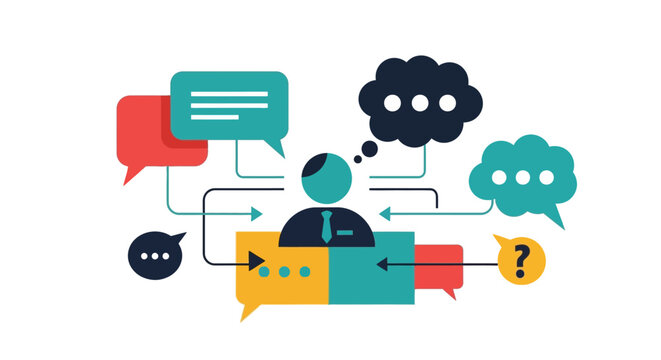 Person talking in speech bubbles communication.