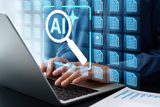 AI-powered document and text search system. Intelligent semantic information retrieval. Businessman using knowledge management software on laptop computer.