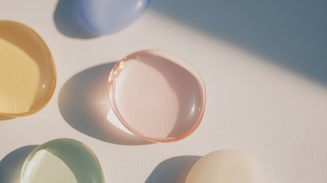Close-up of three pastel glass shapes with smooth curves and subtle color transitions from purple to blue-green floating in air, soft glowing abstract composition, delicate and elegant minimal design.