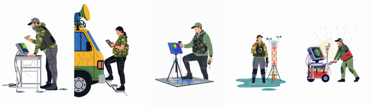Professional meteorologists and storm chasers using advanced equipment and technology to monitor weather patterns and extreme conditions in various outdoor field settings.