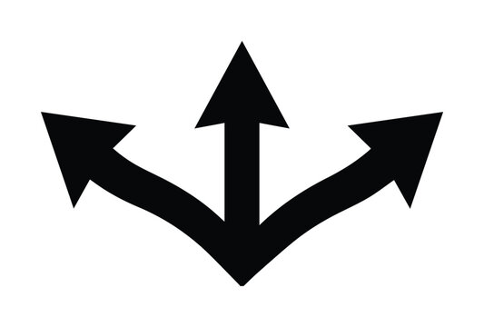 Black three-way arrow icon, directional split vector symbol, triple path navigation sign for business decision making and strategy